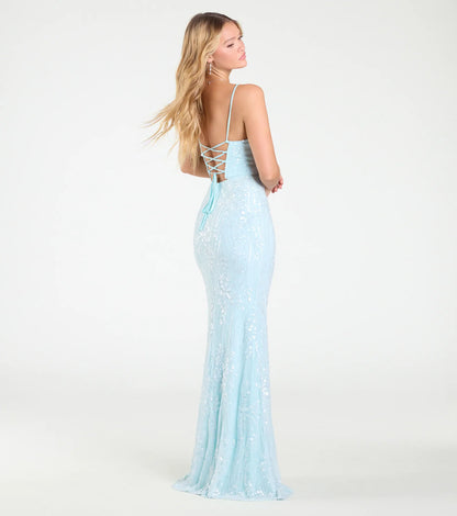 Mandy Lace-Up Slit Mermaid Sequin Formal Dress
