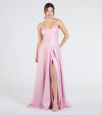Minka Lace-Up Slit A-Line Glitter Formal Dress