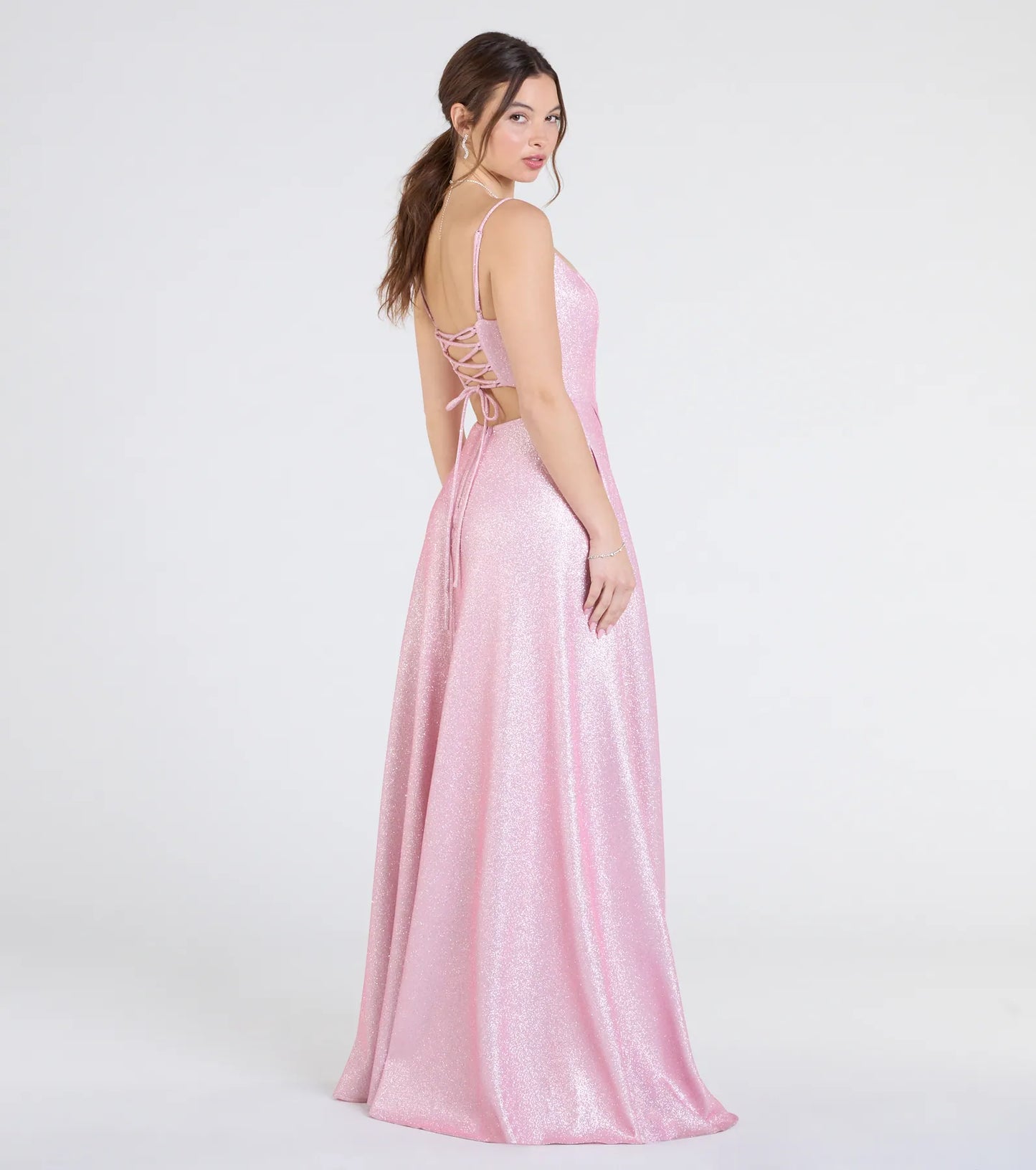 Minka Lace-Up Slit A-Line Glitter Formal Dress