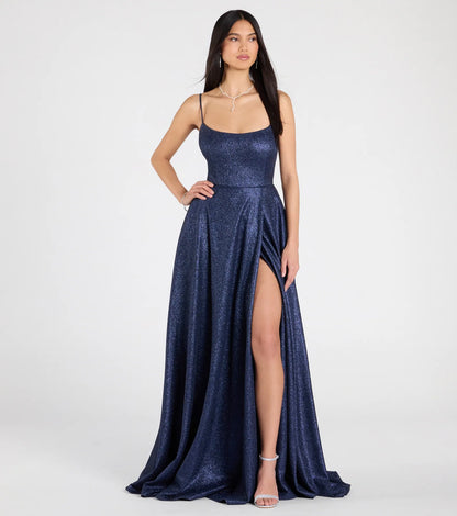 Minka Lace-Up Slit A-Line Glitter Formal Dress