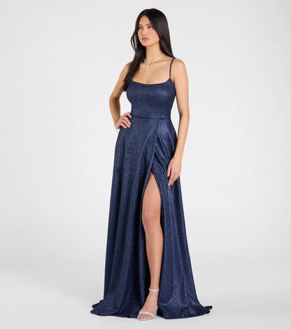 Minka Lace-Up Slit A-Line Glitter Formal Dress