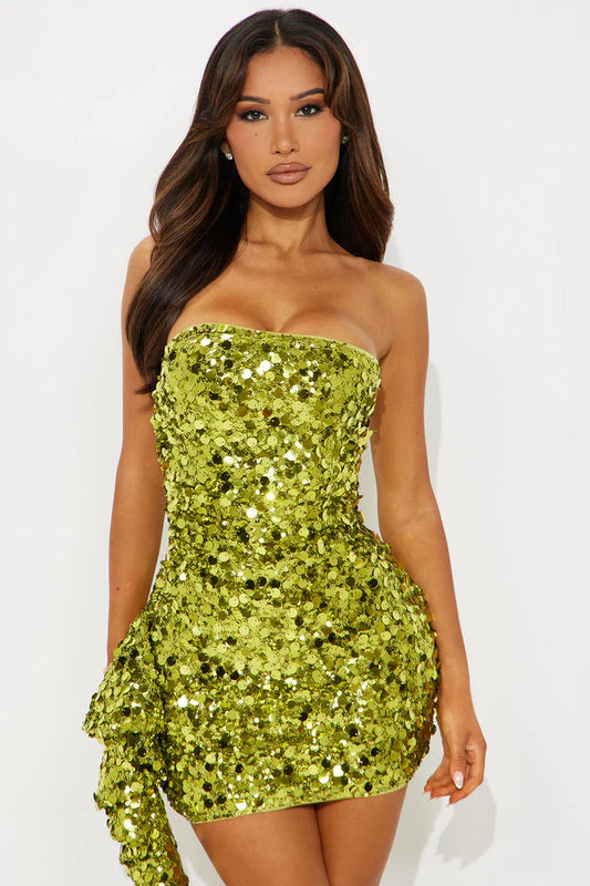 Good Vibrations Sequin Mini Dress - Chartreuse