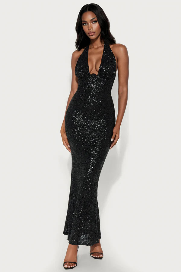 Sophia Sequin Halter Maxi Dress - Black