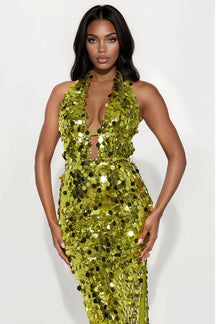 Sophia Sequin Halter Gown - Chartreuse