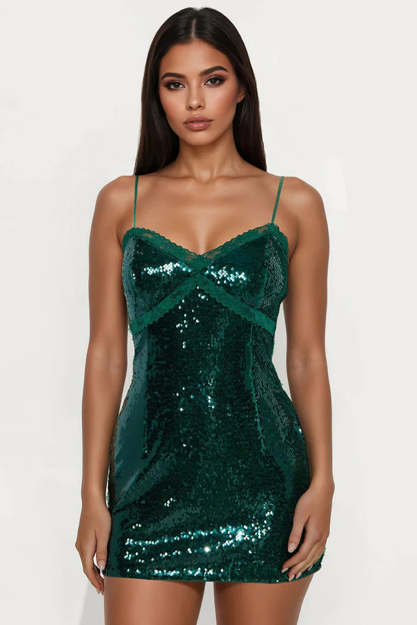 Lila Lace Trim Sequin Mini Dress - Hunter