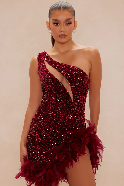 Esme Sequin Feather Mini Dress - Wine