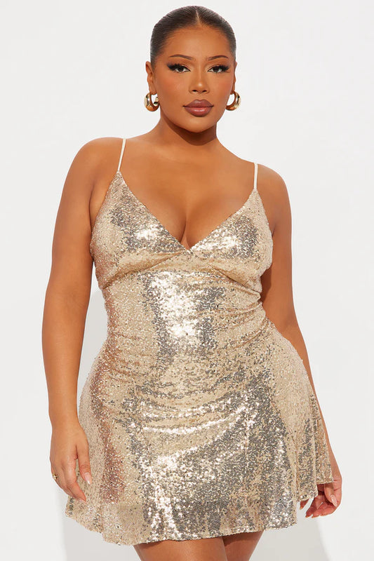 Karina Pleated Sequin Mini Dress - Gold
