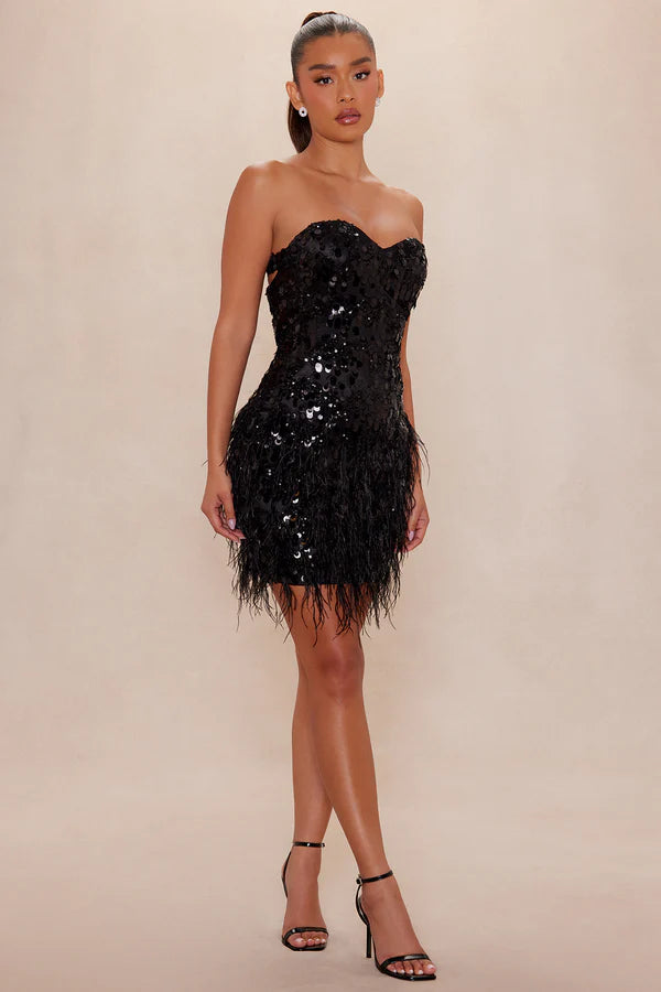 Jasmine Sequin Feather Mini Dress - Black