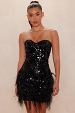 Jasmine Sequin Feather Mini Dress - Black