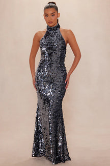 Sora Backless Sequin Gown - Gunmetal