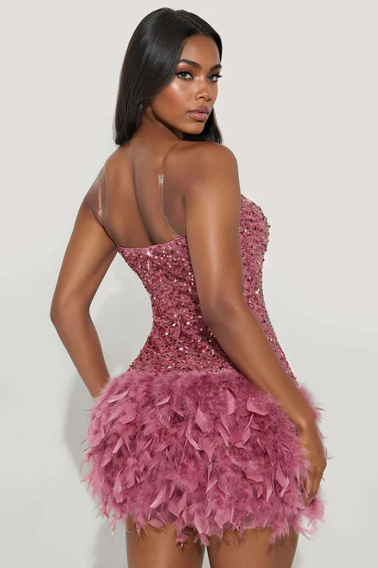 Tall Zoey Feathered Sequin Mini Dress - Mauve