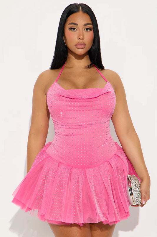Dazzle Me Rhinestone Mesh Mini Dress - Pink