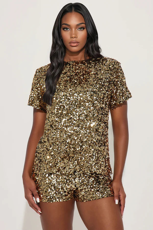 Front And Center Sequin Short Set - Black/Gold