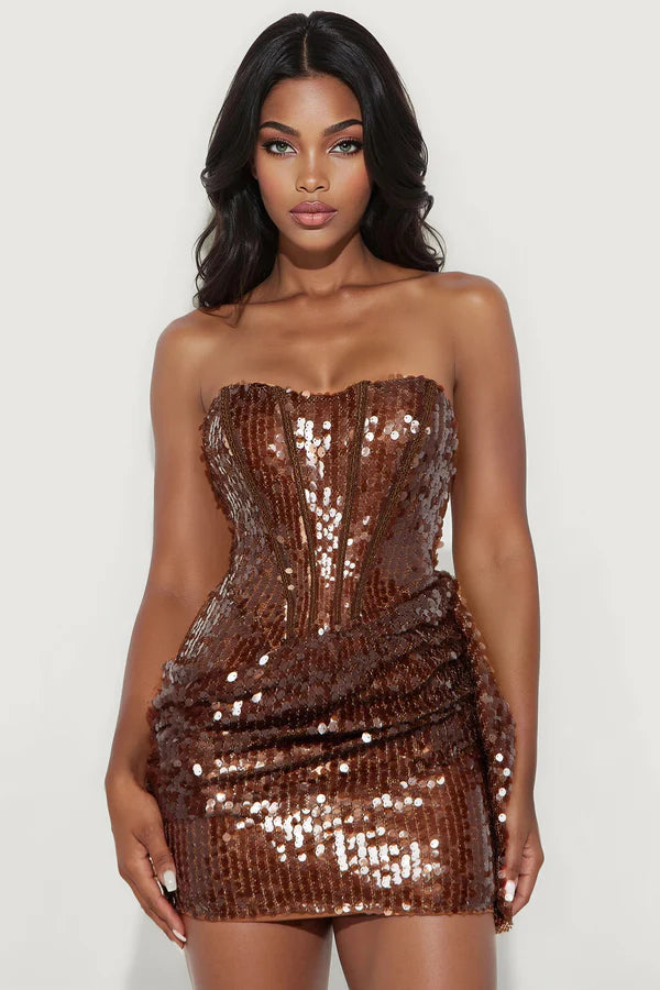Demi Draped Coroset Sequin Mini Dress - Brown