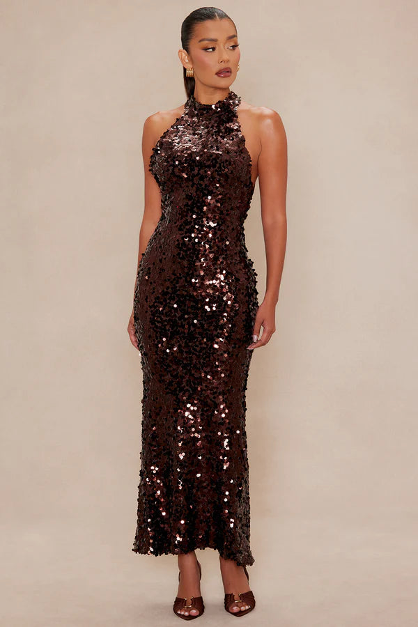 Sloane Backless Sequin Gown - Chocolate
