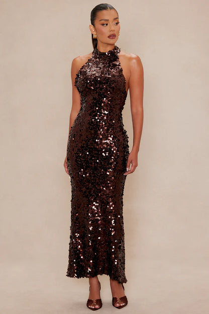 Sloane Backless Sequin Gown - Chocolate