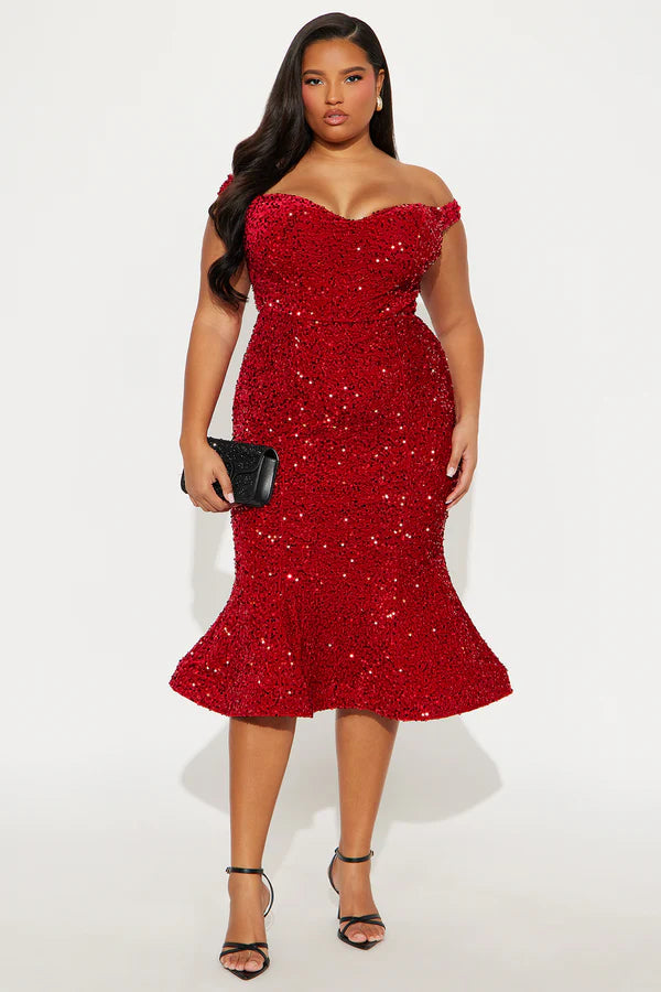 Alora Sequin Midi Dress - Red