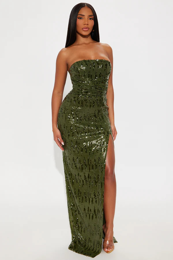 Deep Love Sequin Maxi Gown - Olive