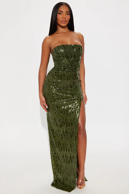 Deep Love Sequin Maxi Gown - Olive
