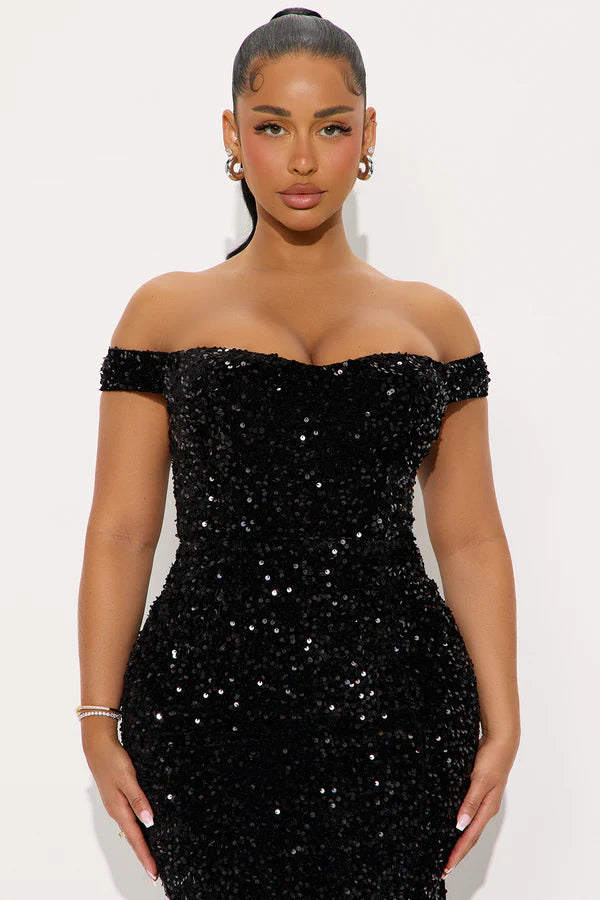 Alora Sequin Midi Dress - Black
