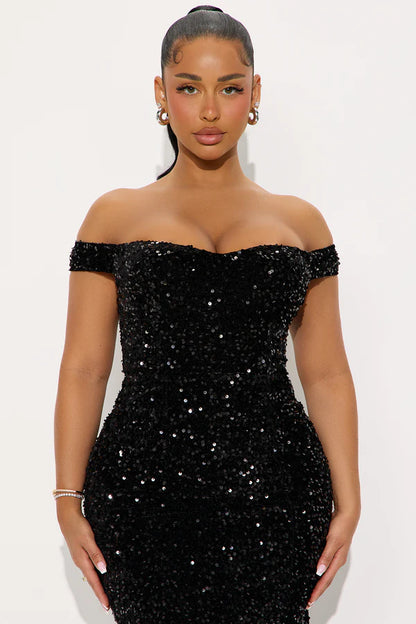 Alora Sequin Midi Dress - Black