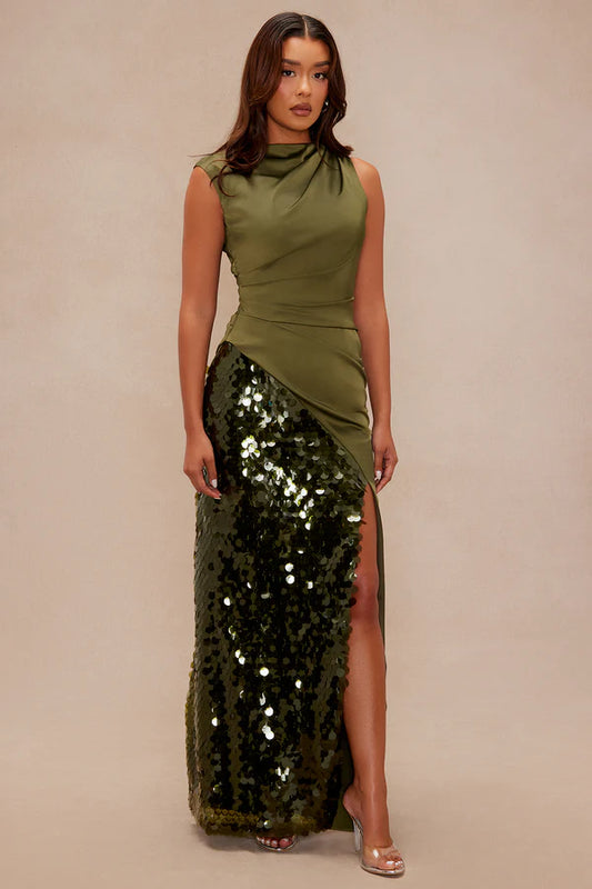 Clairese Satin Sequin Maxi Dress - Olive