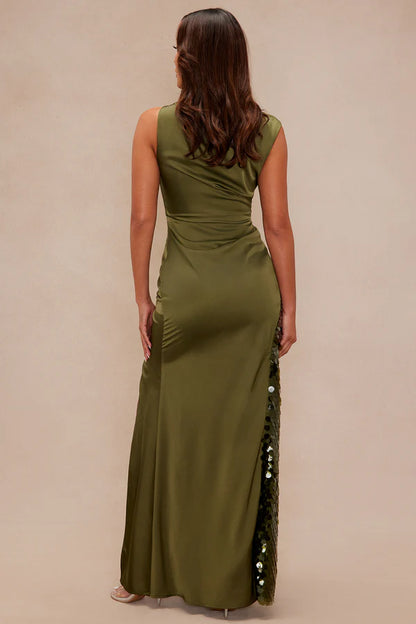 Clairese Satin Sequin Maxi Dress - Olive