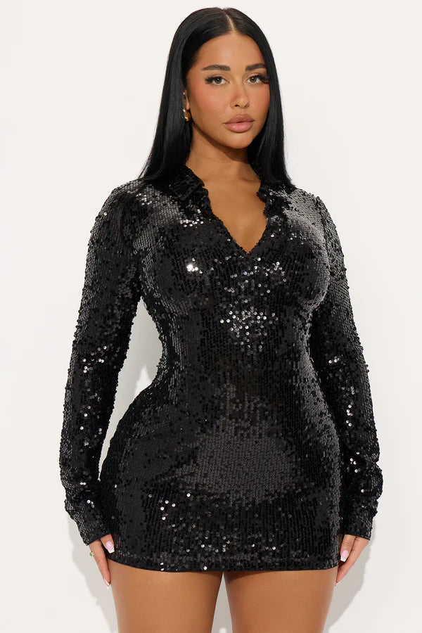 Lara Collar Sequin Mini Dress - Black
