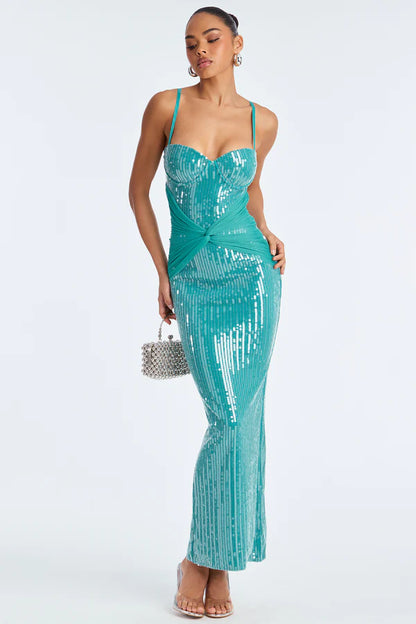 Open Hearts Sequin Maxi Dress - Teal