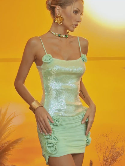 Ezryn Spaghetti Flower Sequin Mini Dress
