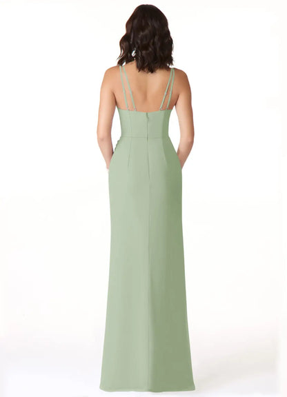 Dusty Blue Mermaid V-Neck Pleated Chiffon Dress