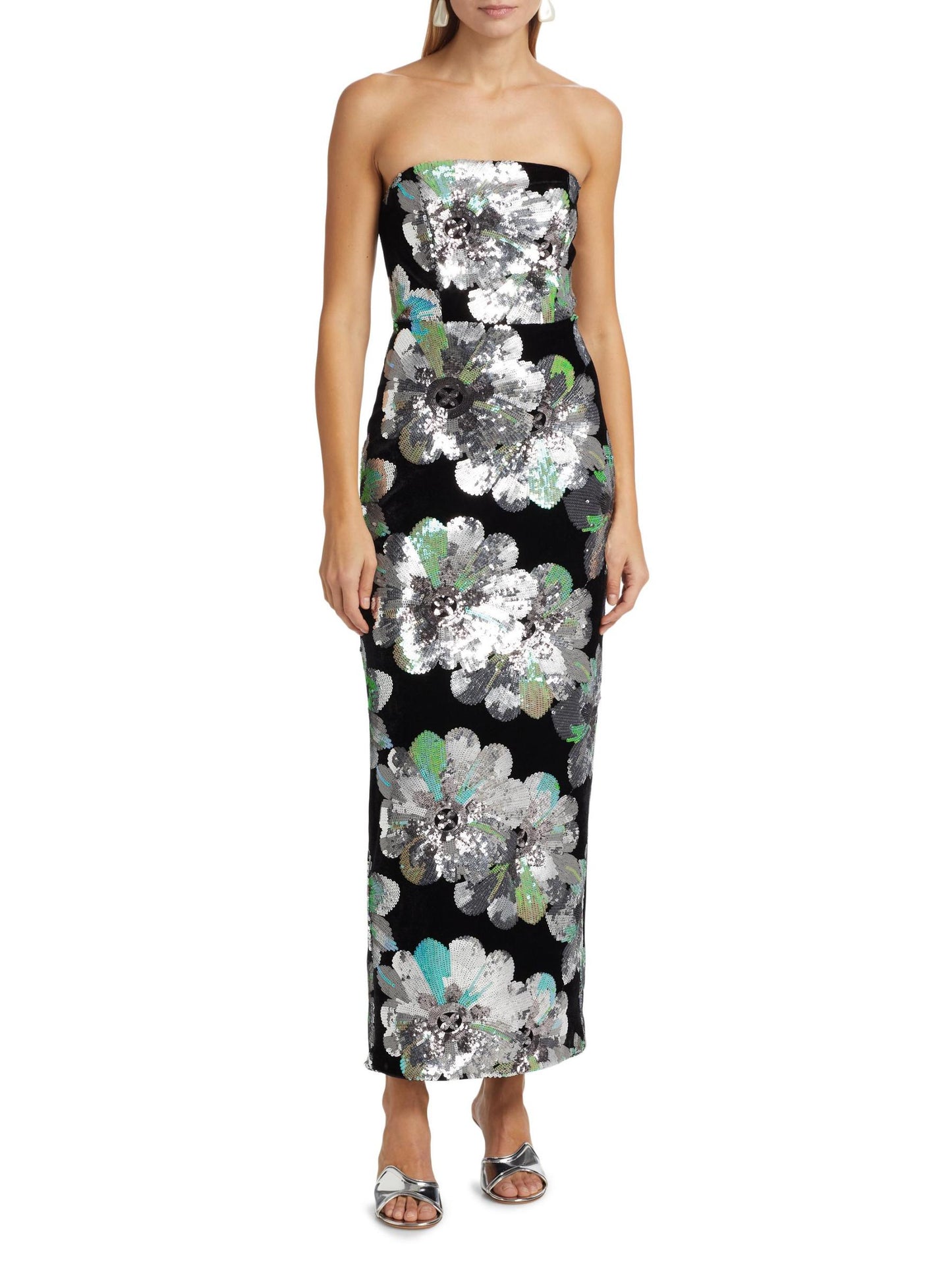 Orion Sequin-Embellished Floral Velvet Strapless Maxi Dress
