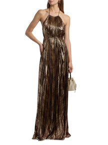 Maxine Metallic Plissé Halter Gown