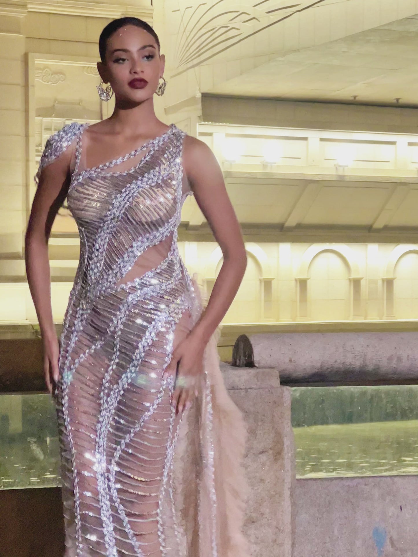 Lyda Draped Cutout Sequin Mesh Dress In Silver