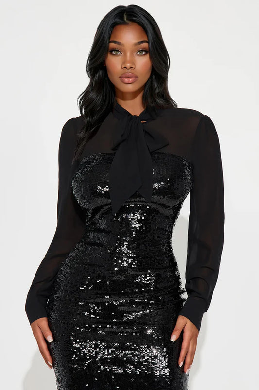 Momager Tie Front Sequin Midi Dress - Black