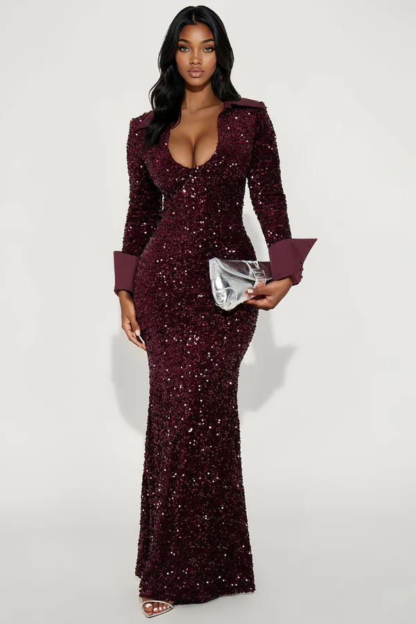 Krissy Long Sleeve Sequin Maxi Dress - Plum