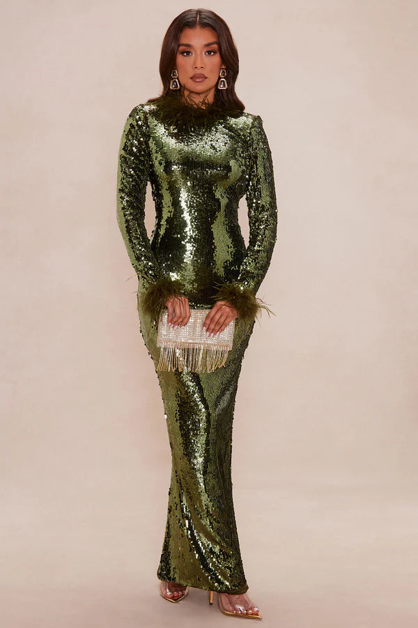High Glam Feathered Sequin Maxi Dress - Olive