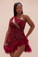 Esme Sequin Feather Mini Dress - Wine