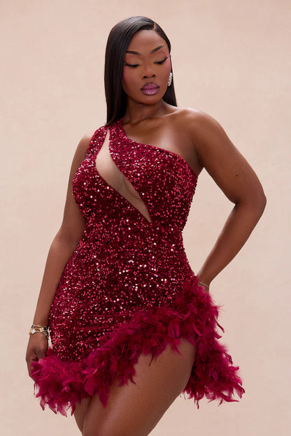Esme Sequin Feather Mini Dress - Wine