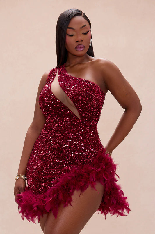 Esme Sequin Feather Mini Dress - Wine