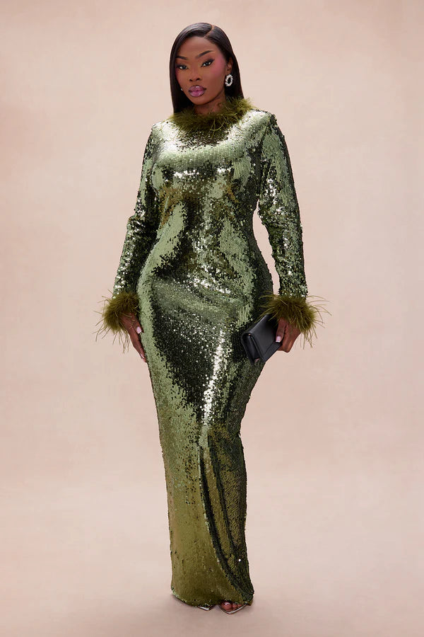 High Glam Feathered Sequin Maxi Dress - Olive