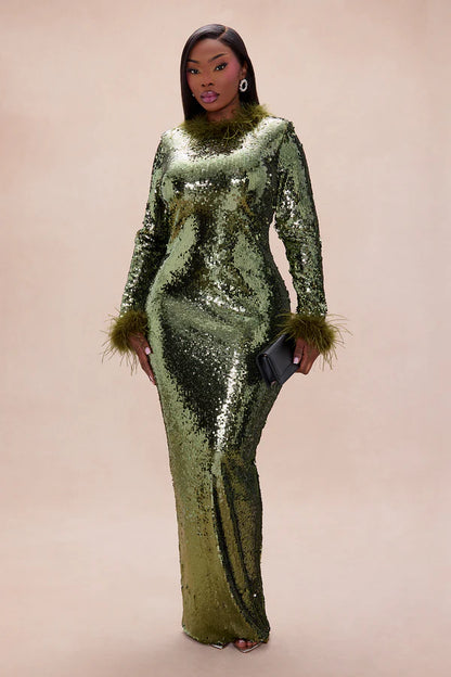 High Glam Feathered Sequin Maxi Dress - Olive