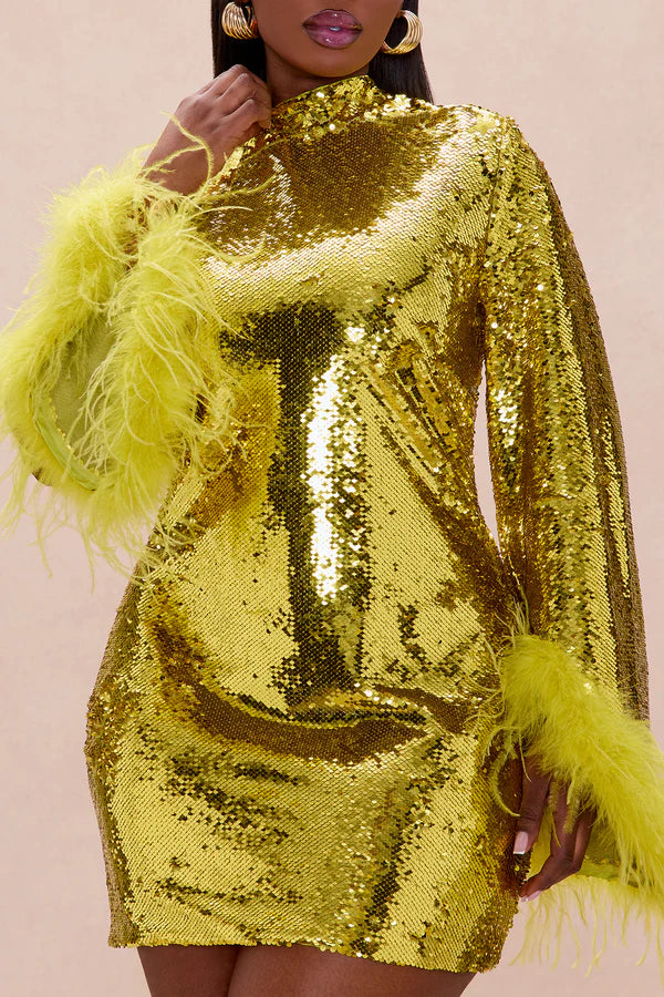 Robyn Sequin Feathered Long Sleeve Mini Dress