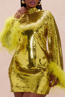 Robyn Sequin Feathered Long Sleeve Mini Dress