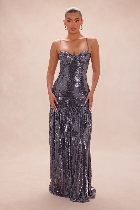 Leann Sequin Maxi Gown - Charcoal