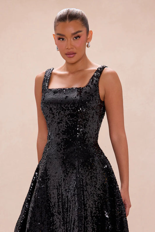 Catherine A line Sequin Midi Dress - Black