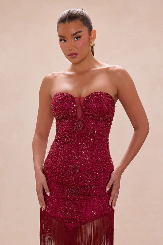 Francesca Fringe Trim Sequin Mini Dress - Burgundy