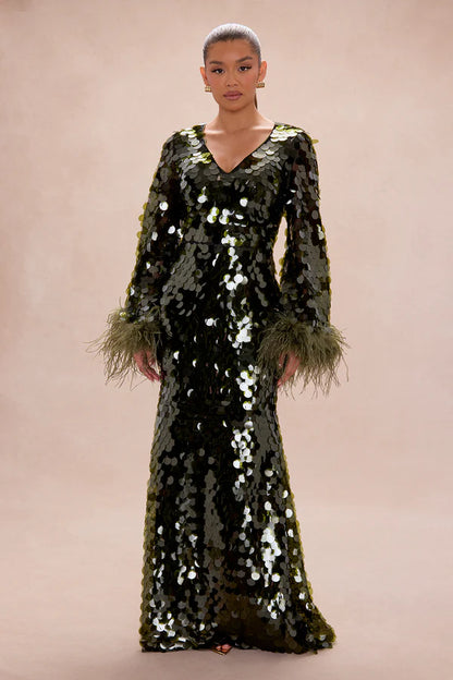 Lennox Feathered Sequin Maxi Dress - Olive