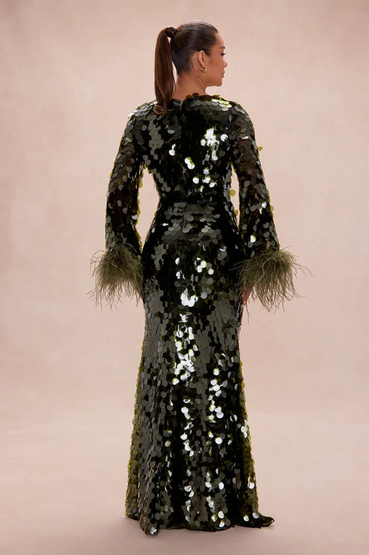 Lennox Feathered Sequin Maxi Dress - Olive