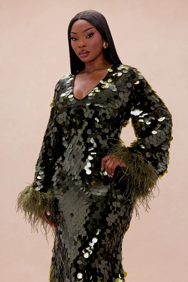 Lennox Feathered Sequin Maxi Dress - Olive